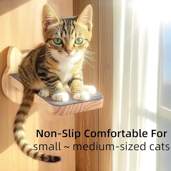 ESPETS Natural Solid Wood Cat Wall Floating Steps Set of 3 - Wall Mounted Wooden Cat Climbing Shelves and Perches, Kittty Stairs Ladder - Easy Install, Holds up 30lbs-PawvioPets