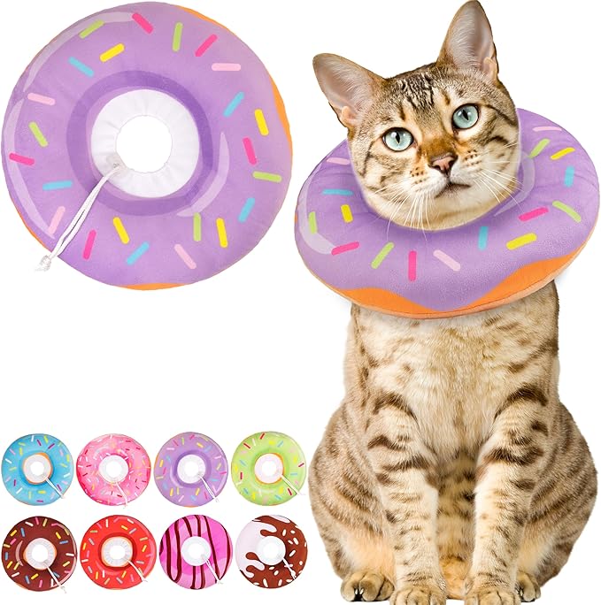 Cat Cone Collar Soft, Cute Cat Donut Collar After Surgery, Adjustable Kitten Recovery Cones to Stop Licking, Lightweight Neck Elizabethan Collars for Cats Kittens (Purple, Medium)-PawvioPets