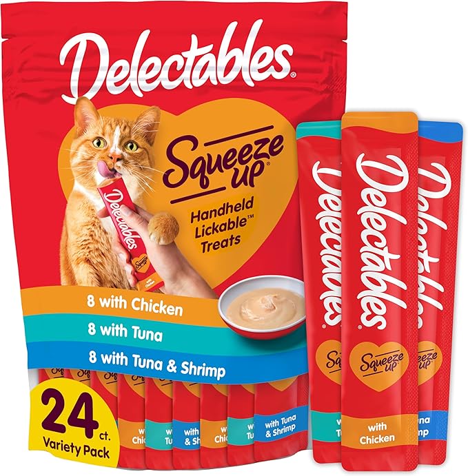 Delectables Squeeze Up Variety Pack, Creamy Squeezable Puree, Lickable Wet Cat Treats, Grain Free, No Added Fillers, No By-Products, No Added Preservatives, 0.5 Ounces Tube, 24 Tubes Total-PawvioPets