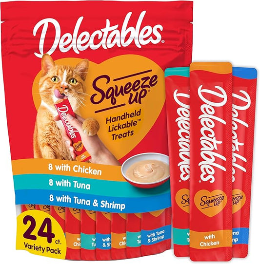 Delectables Squeeze Up Variety Pack, Creamy Squeezable Puree, Lickable Wet Cat Treats, Grain Free, No Added Fillers, No By-Products, No Added Preservatives, 0.5 Ounces Tube, 24 Tubes Total-PawvioPets