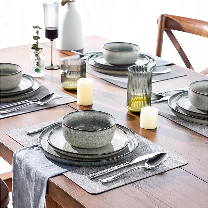 GBHOME Ceramic Dinnerware Sets for 8, 24 Pieces Stoneware Plates and Bowls Sets, Scratch Resistant Dishes, Dishwasher & Microwave Safe, Reactive Glaze-Green Wheat-PawvioPets