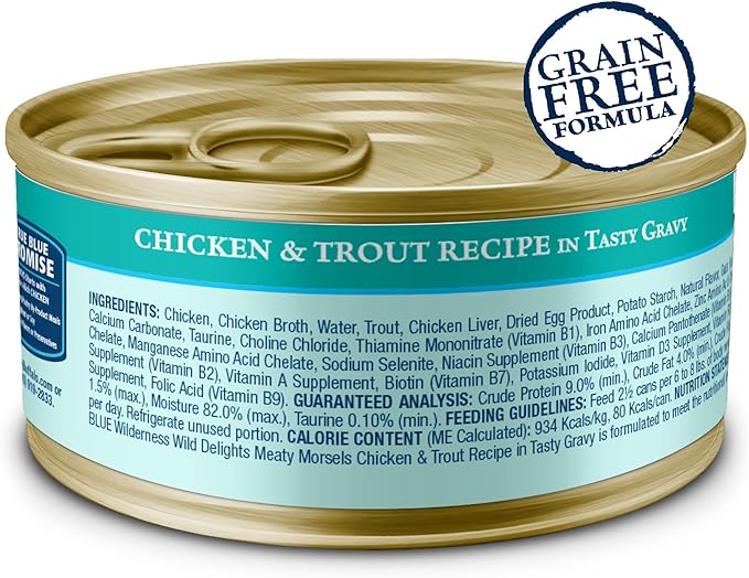 Blue Buffalo Wilderness Wild Delights Meaty Morsels Wet Cat Food, High-Protein & Grain-Free, Made with Natural Ingredients, Chicken & Trout Recipe in Tasty Gravy, 3-oz. Cans (24 Count)-PawvioPets