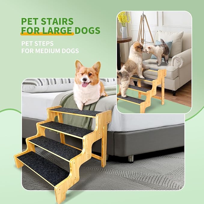 Dog Stairs for Small Dogs,3-Step Bamboo Wooden Dog/Pet/Cat Steps Ramp for Couch Sofa,Bed and Car, Can Support Weighing Up to 160 LB,-PawvioPets