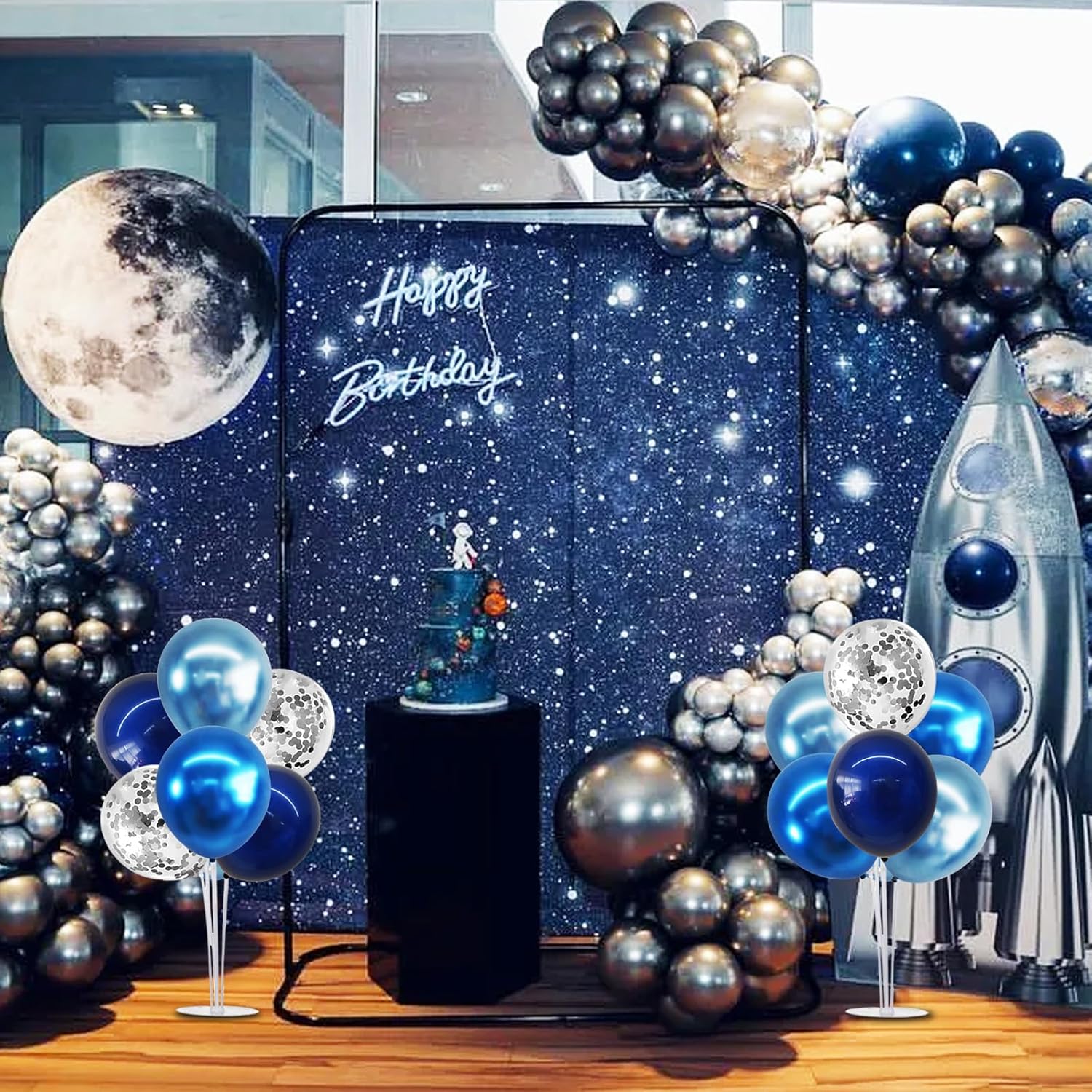 TONIFUL 4 Set Metallic Blue Silver Balloon Stand Centerpiece Table Decorations for Men's Birthday,Father's Day Retirement,Blue Party Decoration,Graduation Decorations 2025,Baby Shower