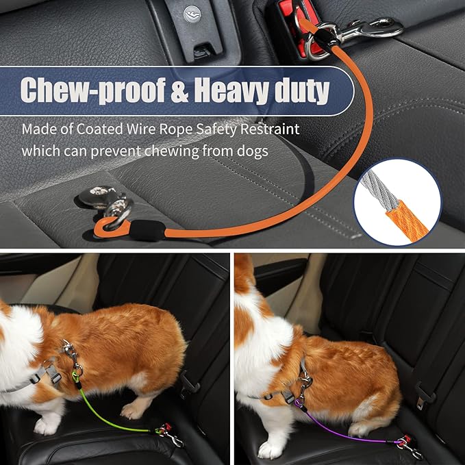 Dog Seat Belt Harness for Car,Dog Seatbelt of Coated Wire Leash Safety Restraint,No Chew Tether Cable Vehicle Dogs Accessories,Double Clips & Latch (Orange, 16 inch/40 CM)-PawvioPets