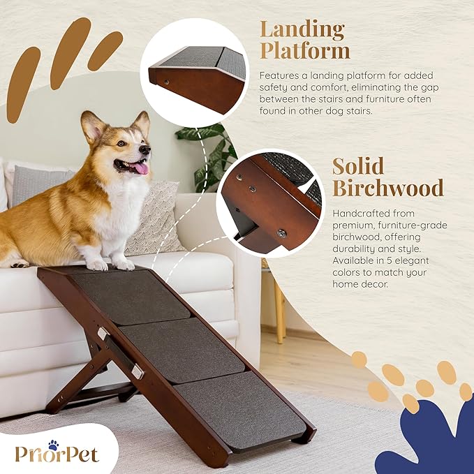Dog Steps for Bed & Couch 2-in-1 Dog Stairs/Ramp - Height Adjustable Dog Ramp for Couch 7” - 20” - Pet Stairs, Dog Stairs for Small Dogs - Easy to Move Pet Steps with Landing Platform, Walnut-PawvioPets