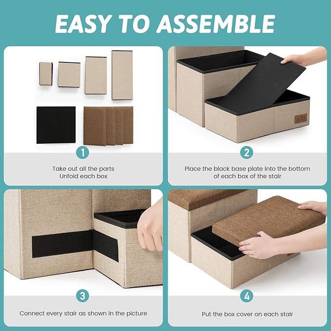 Dog Stairs with Storage, 4-Step Wider Sturdy Dog Steps for Small/Medium/Large Dogs and Older Cats, Folding Doggie Ramp for Bed/Couch/Car Hold Up to 180 lbs (22" H, Brown)-PawvioPets