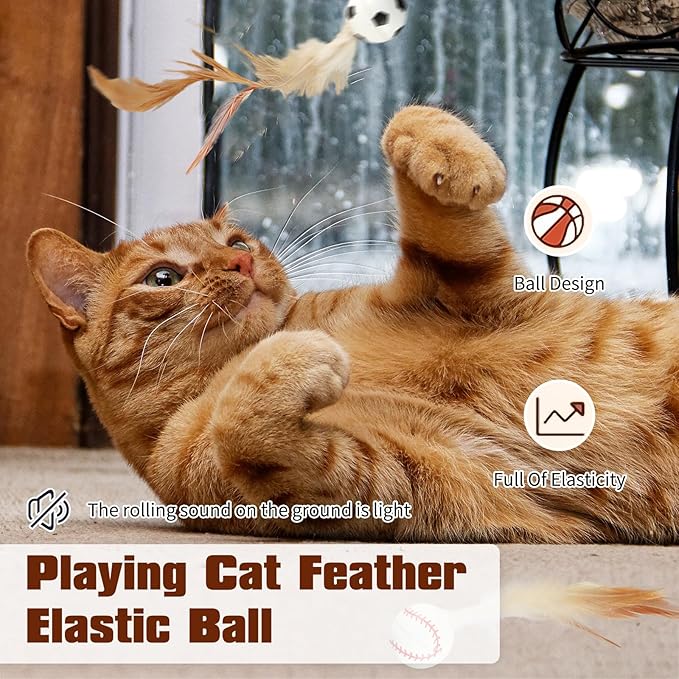 6 Pcs Feather Ball Cat Toy,Interactive Feather Bouncy Ball Toy Set for Cats,Mini and Elastic,Suitable for Pets to Play Indoors and Outdoors-PawvioPets