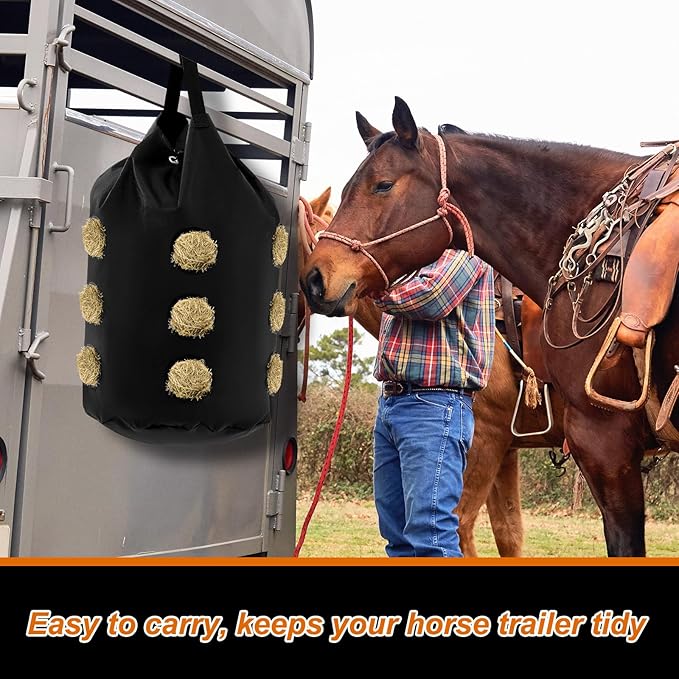 2 Pcs hay Bags for Horses Goats Slow Feed 1680D Oxford Bag Black Large Capacity Net Open Feed Hole Hay Holder for Horse Goats Sheep(15 Holes)-PawvioPets