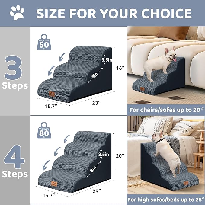 Dog Ramp and Stair for Bed 16" H-20 H,3-Step Cat Stair for Sofa and Chair,4-Step Dog Ramp for High Bed and Window,Durable Nonslip Fabric Cover for Indoor (Dark Grey-16 H, Pet Friendly, 3)-PawvioPets