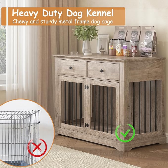 Dog Crate Furniture, 44 Inch Wooden Dog Kennel Indoor with 2 Storage Drawers, Heavy Duty Large Crate Furniture, Decorative End Table Cage Furniture for Small/Medium/Large (Grey)-PawvioPets