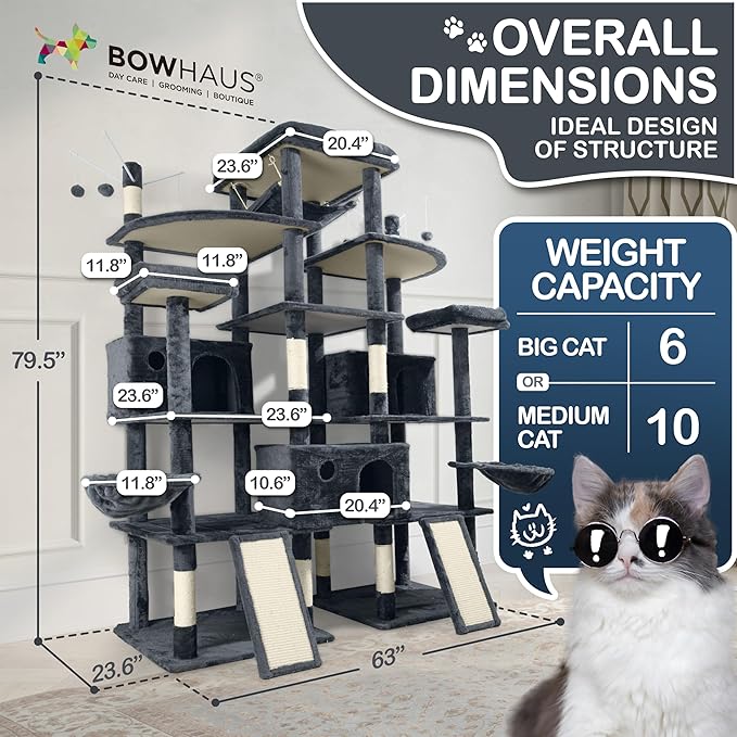 Extra Large 80-Inch Tall Cat Tree w/Widened Perch for Large Cats, Big Cat Tower Indoor, Modern Multi-Level Activity Tower with Scratching Posts, Condos, Baskets, Hammock, Scratching Ramps-PawvioPets