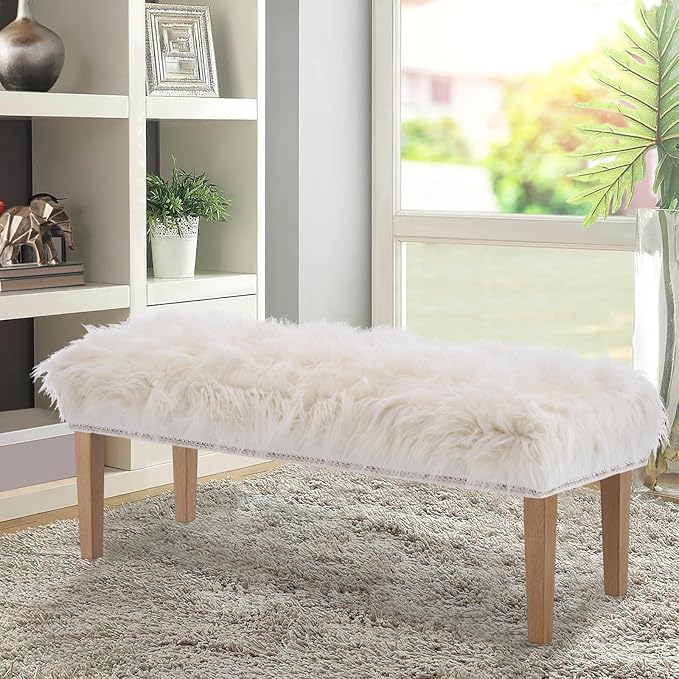 46 Inch White Bedroom Bench, Modern Multi-Purpose Bench with Wooden Legs, Faux Fur Upholstered, 3-Seater, 220 lbs Weight Capacity-PawvioPets