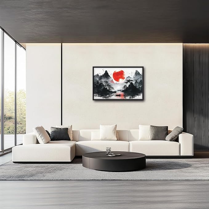 Framed Large Japanese Mountain Wall Art for Living Room, Oversized Asian Red Sun Lake Landscape Wall Decor Nature Canvas Painting Home Decoration for Living Room Bedroom Office 36"x24"-PawvioPets