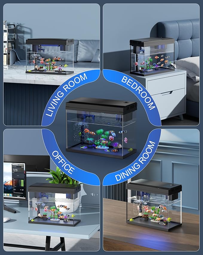 Fish Tank Aquarium Kit, 2.38 Gallon Beta Fish Aquariums, UHD Glass,Temperature Sensing, 7-Color Lighting Small Fish Tank for Kids/Desktop Decor-PawvioPets