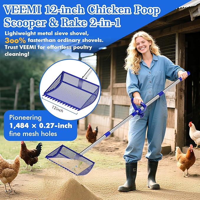 12 Inch Chicken Poop Scooper & Rake 2-in-1, Large Metal Shovel Head, Rubber Handle Stainless Steel Chicken Litter Scoop for Chicken Coops, Litter Screening Scoop (35 to 65in) US Patent Pending (Blue)-PawvioPets