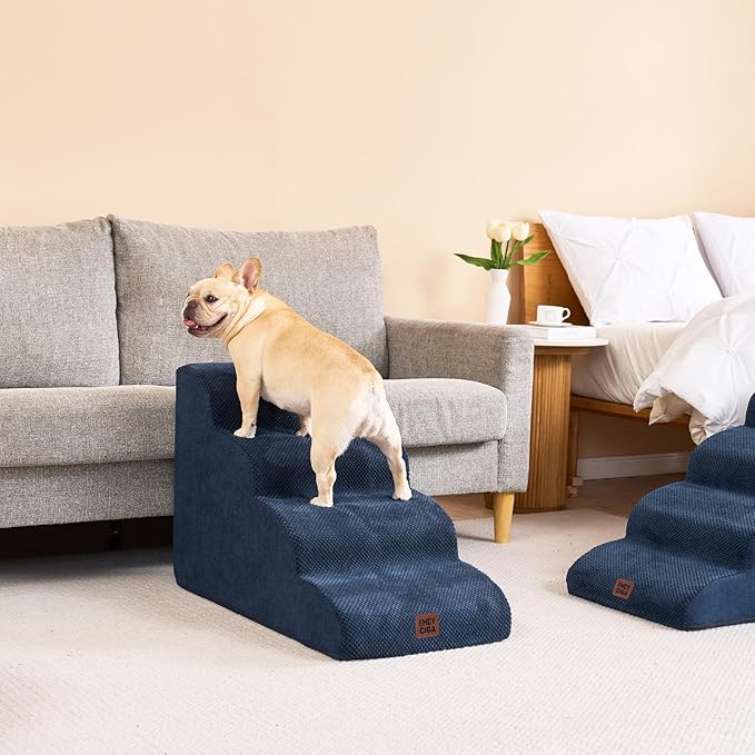 EHEYCIGA Curved Dog Stairs Ramp for High Beds 19.7" H, 4-Step Dog Steps for Small Dogs and Cats, Pet Stairs for High Bed Climbing, Non-Slip Balanced Pet Step Indoor, Navy-PawvioPets