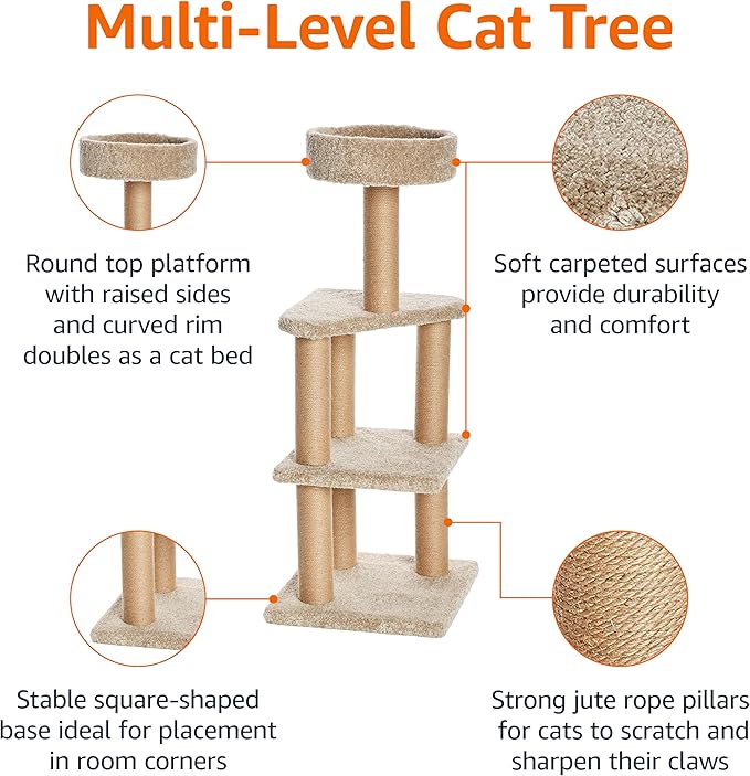 Amazon Basics Cat Tree - Indoor Cat & Kittens Multi-Level Climbing Activity Tower with Scratching Posts, Large (45.9"H) - Beige-PawvioPets
