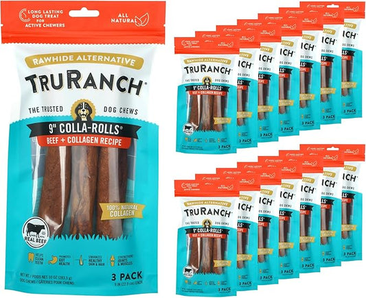 Collagen Rolls - 9" Collagen Rolls for Dogs - Long Lasting Healthy Joint Support - Rawhide Alternative - Skin & Coat Health - Made with Real Beef, Value Pack, 15 Bags, 45 Count-PawvioPets