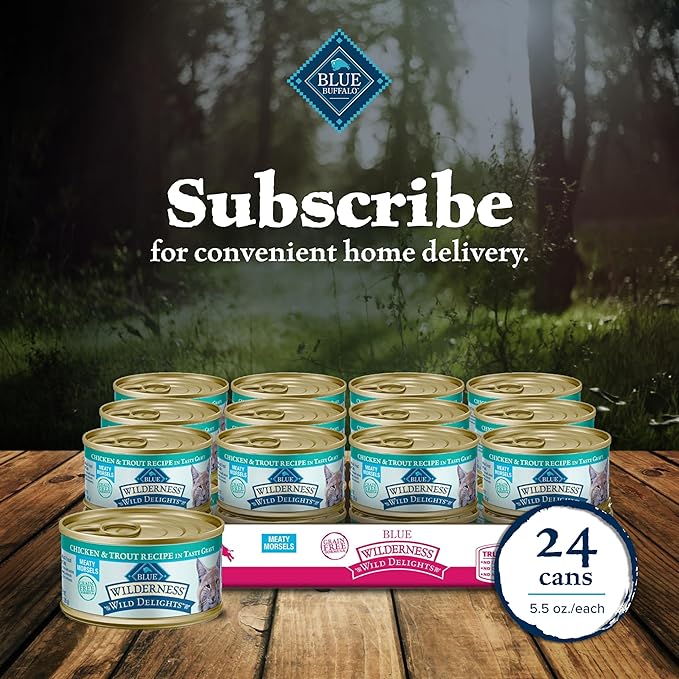 Blue Buffalo Wilderness Wild Delights Meaty Morsels Wet Cat Food, High-Protein & Grain-Free, Made with Natural Ingredients, Chicken & Trout Recipe in Tasty Gravy, 3-oz. Cans (24 Count)-PawvioPets