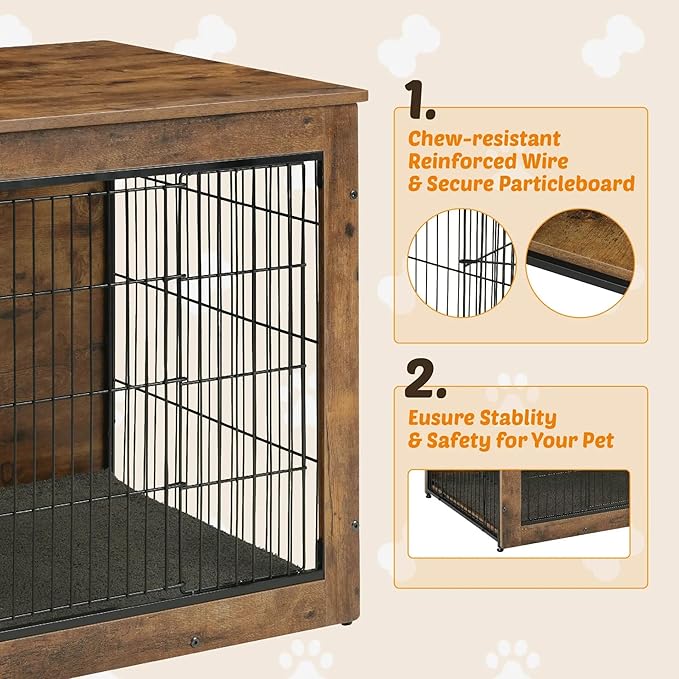 Dog Kennel Furniture, Wooden Dog Crate End Table, Heavy Duty Dog Crate, Decorative Pet Crate Dog Cage for Large Indoor Use (Rustic Brown) 39" L×26" W×27" H-PawvioPets