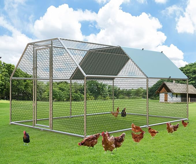 1.26'' Chicken Runs for Yard with Cover, Large Metal Chicken Run Walk in Metal, Outside Dog Kennel with Roof, Flat Roofed Outdoor Kennel for Cats(9.2’L x12.5’Wx 6.4’H)-PawvioPets