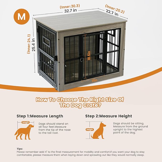 Gardner Pet Dog Crate Furniture for Medium Dogs, 32.7 Inch Dog Kennel Indoor, Wooden Dog Cage End Table with 2 Removable Bowls, Heavy Duty Dog Crate, Rustic Grey-PawvioPets
