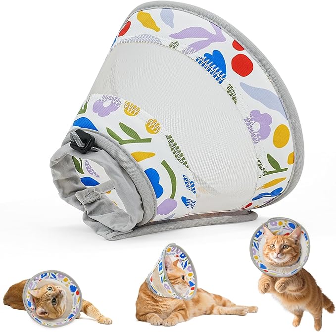 Breathable Air Mesh Cat Cone Collar Soft to Stop Licking, Adjustable, Foldable Lightweight Kitten Cones After Surgery Recovery for Cats & Kittens (Flower,S)-PawvioPets
