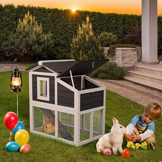 Bunny Cage Premium Rabbit Hutch with Leak-Proof Roof, 2-Story Bunny House for Guinea Pigs & Hamster,Wooden Chicken House with Deep Pull-Out Tray, Waterproof Chicken Coop for Outside (Grey)-PawvioPets