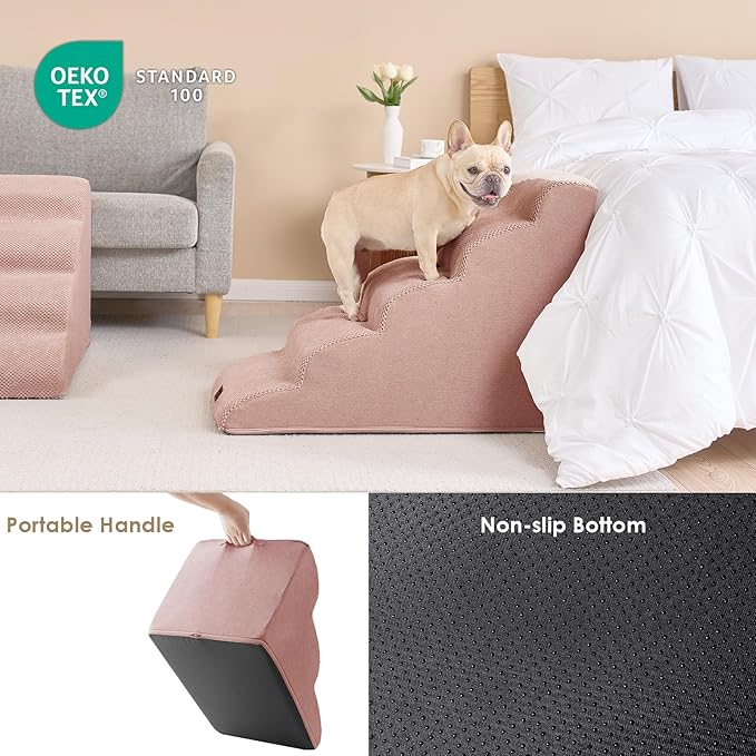 EHEYCIGA Curved Dog Stairs Ramp for High Beds 22.6" H, 5-Step Dog Steps for Small Dogs and Cats, Pet Stairs for High Bed Climbing, Non-Slip Balanced Pet Step Indoor, Dusty Pink-PawvioPets