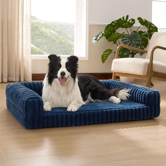 Bedsure Orthopedic Dog Beds Large Sized Dog, Waterproof Memory Foam Pet Bed with Sides, Non-Slip Bottom and Egg-Crate Foam Large Pet Couch Sofa with Washable Removable Corduroy Cover, Blue-PawvioPets