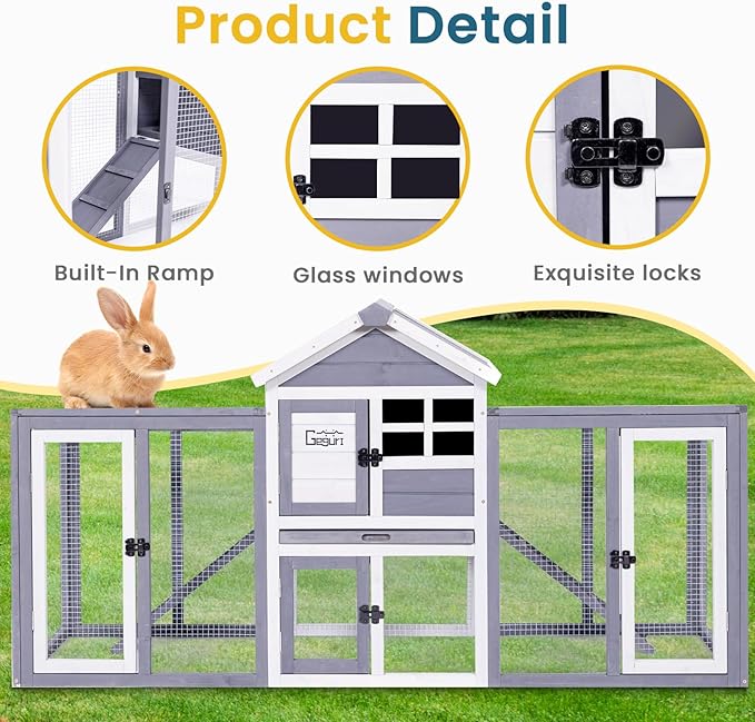 GEGURI Wooden Rabbit Hutch, Indoor Outdoor Chicken Coop Bunny Cage with Waterproof Roof-PawvioPets