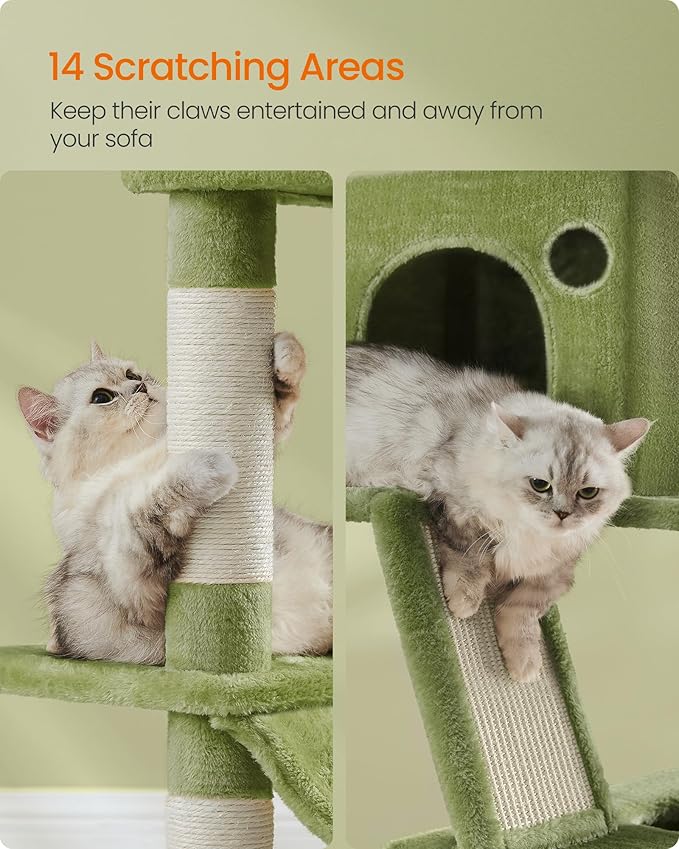 Feandrea Cat Tree, 81.1-Inch Large Cat Tower with 13 Scratching Posts, 2 Perches, 2 Caves, Basket, Hammock, Pompoms, Multi-Level Plush Cat Condo for Indoor Cats, Green UPCT190C01-PawvioPets