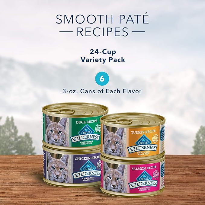 Blue Buffalo Wilderness High Protein Grain Free, Natural Adult Pate Wet Cat Food Variety Pack, Chicken, Salmon, Duck, and Turkey, 3-oz Can, 24 Count-PawvioPets