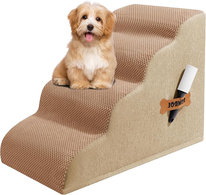 Dog Stairs, Romrol Dog Steps Ramp for High Bed and Couch, Dogs Ramp with Durable Non-Slip Waterproof Fabric Cover, Pet Stairs for Small Dogs and Cats or Pets Joints, 4-TiersLight Brown-PawvioPets