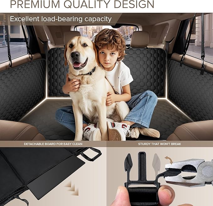 Back Seat Extender for Dogs Holds 400lbs, PU Leather Hard Bottom Car Seat Cover for Dogs,Heavy Duty Dog Car Seat Cover for Back Seat, Waterproof Dog Hammock for Car, Large Pet Bed for Car, Suv, Truck-PawvioPets