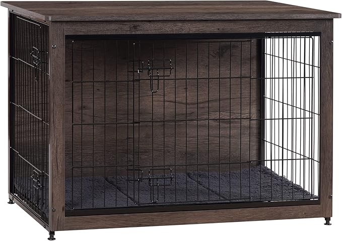 DWANTON Dog Crate Furniture with Cushion, Wooden Kennel Table with Double Doors, Indoor Dog House, Large Size, 38.5" L, Dark Gray-PawvioPets