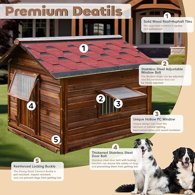 Dog House Outdoor,Solid Pine Wood Large Dog House for Big Breed,Weatherproof Dog Houses Outside with Door,Adjust Windows,Warm Dog Kennel for Outside-PawvioPets