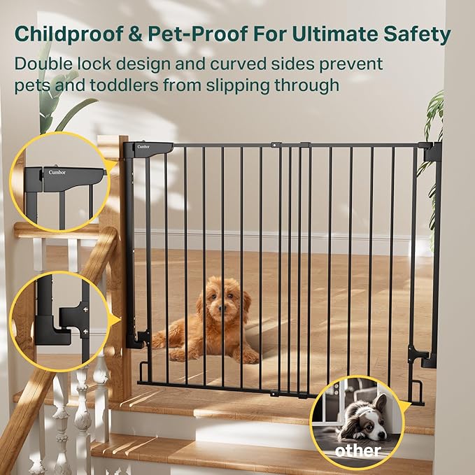 Cumbor 34" Extra Tall No Bottom Bar Baby Gate for Stairs, Auto Close Dog Gate Indoor for Larger Pets, 29.2-43" Hardware Mounted Safety Gate for Doorways, Wide Walk Thru Door for Easy Access (Black)-PawvioPets