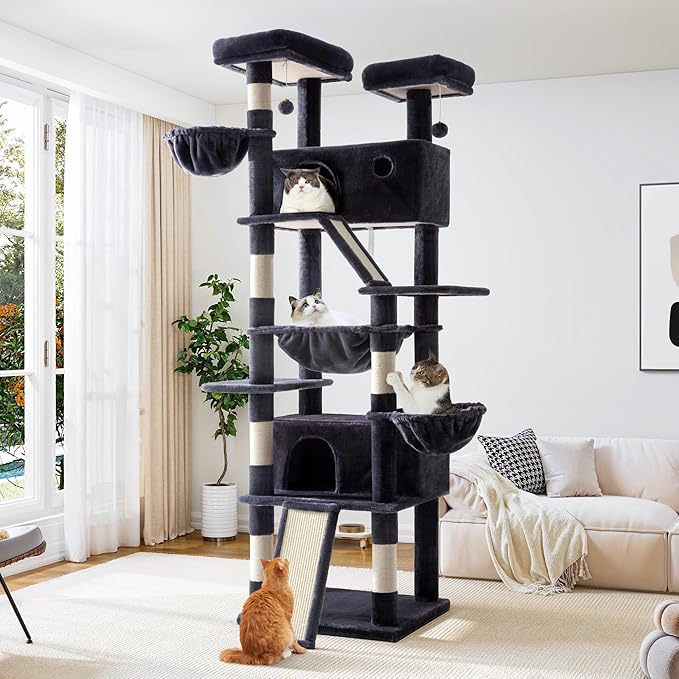 Allewie 81 Inches Tall Cat Tree/Multi-Level Large Climbing Tree House and Towers for Big Feline/Condo and Hammock/Scratching Post/Wide Base/Dark Grey-PawvioPets