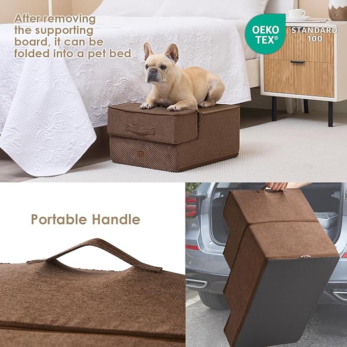 EHEYCIGA Dog Stairs for Small Dogs 13.5" H, 3-Step Dog Steps for Couch Sofa and Chair, Pet Steps for Medium Cats, Non-Slip Balanced Pet Ramp Indoor, Brown-PawvioPets