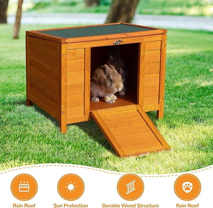 COZIWOW 24inches Wooden Catio Outdoor Cat House Small Animal House，Rabbit Hutch Indoor，Stable Weatherproof Bunny Cage Pet Shelter for Small Cat Dog Rabbit Guinea Pig(Orange)-PawvioPets