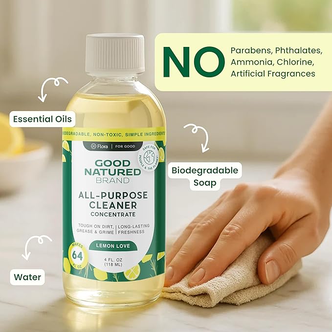 Good Natured Brand All-Purpose Cleaner Concentrate + 16 oz Bottle | Multi-Surface Cleaner | Natural Lemon Essential Oil | Multipurpose Cleaner All Surfaces | Lemon Love | 4oz makes 64oz-PawvioPets