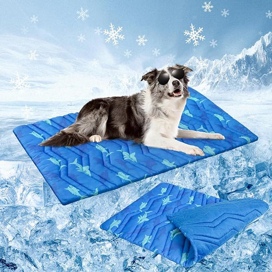 BEAUTYZOO Dog Cooling Mat- Upgraded Thicken Cooling Mat for Large Dogs Reversible(Cool & Warm) Pet Ice Cool Bed Washable & Portable, Summer Crate Pad for Big Dog Puppy Up to 80 lbs, Shark Blue 48X28IN-PawvioPets