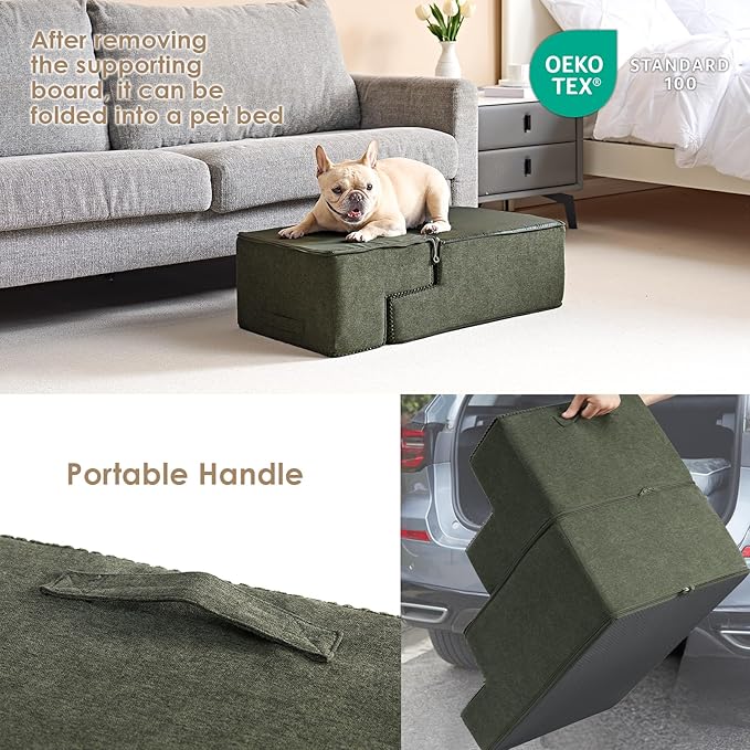 EHEYCIGA Dog Stairs for Bed 18" H, 4-Step Dog Steps for High Bed, Pet Steps for Small Dogs and Cats, Non-Slip Balanced Pet Ramp Indoor, Olive Green-PawvioPets