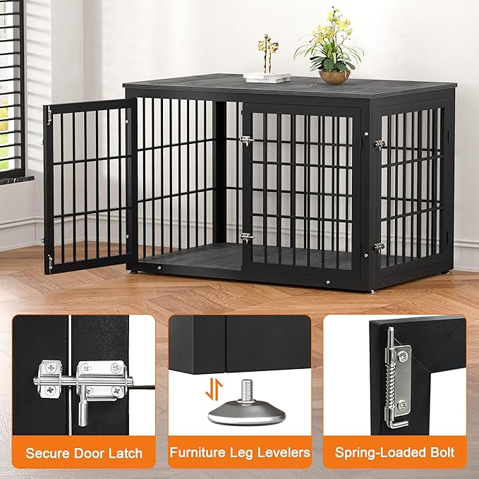 48 Inch Heavy Duty Dog Crate Furniture for Large Dogs, Decorative Pet House End Table, Extra Large Wooden Cage Kennel Furniture Indoor, Black and Gray-PawvioPets