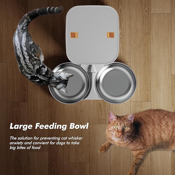 Automatic Cat Feeder for 2 Cats - 8L/34 Cups Large Capacity Auto Food Dispenser with LCD Screen, 2 Food Trays, Timed Cat Feeder, Up to 50 Portions 6 Meals Per Day, Keep Fresh, White-PawvioPets