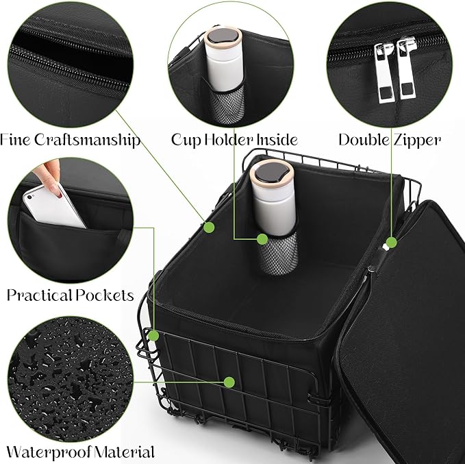 Aodaer Bike Basket with Removable Liner Bag Cargo Net Large Folding Bike Basket Quick Release Metal Ebike Basket Bicycle Storage Basket for Carrying Fruit & Grocery Pets Dogs-PawvioPets