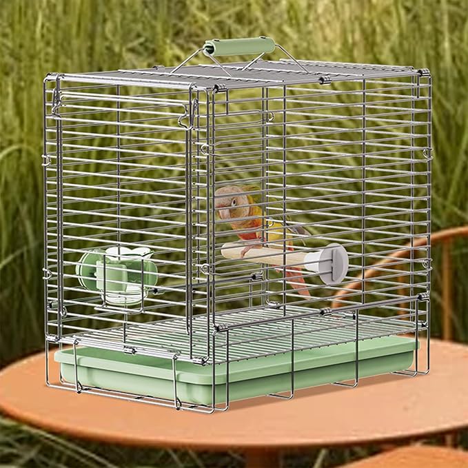 Bird Carrier Travel Cage - 304 Stainless Steel Portable Folding Bird Travel Cage with Parrot Feeder Cups & Standing Perch for Smaller Birds Conures Lovebird Cockatiel Parakeets (Green)-PawvioPets