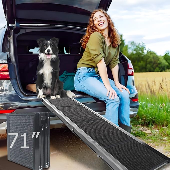 Dog Ramp for Cars SUV Truck-17.3x71in Heavy Duty Foldable Wide Outdoor Pet Stairs with Non-Slip Surface Portable Folding Design for Large Dogs Up to 250lbs (71" L x 17.3" W)-PawvioPets